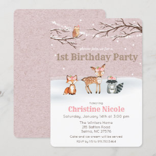 Animaux des bois Fille 1er anniversaire Invitation