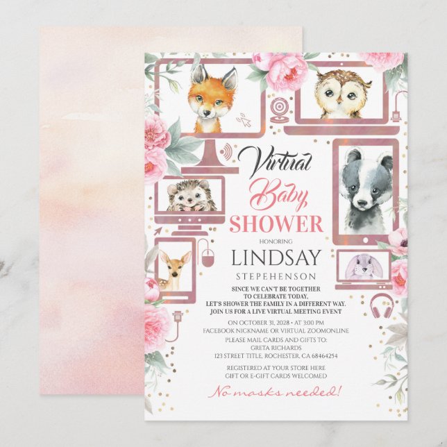 Animaux des bois Invitation au Baby shower virtuel (Devant / Derrière)