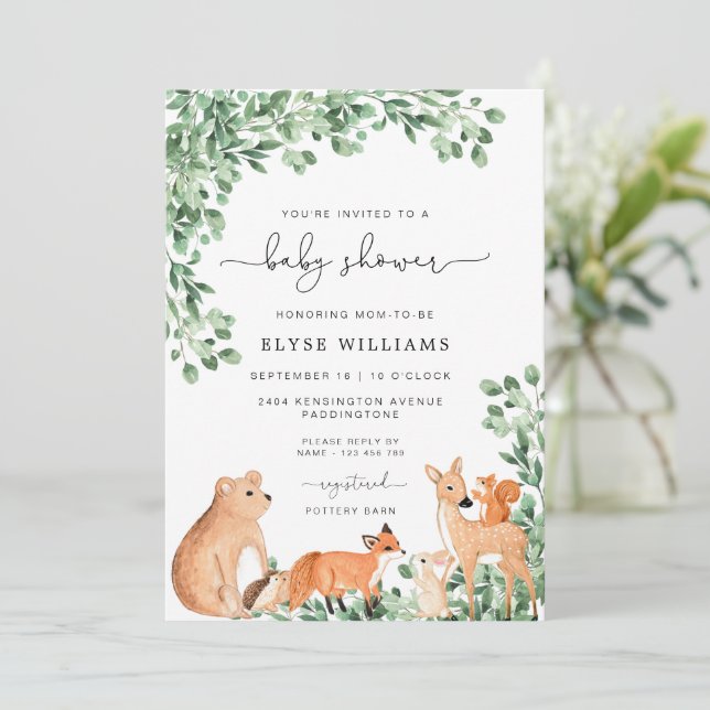 Animaux des bois Invitation Baby shower blanc (Debout devant)