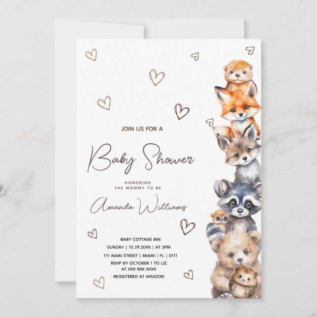 Animaux des bois Invitation Baby shower moderne (Devant)