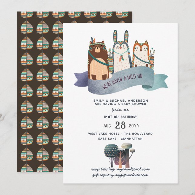 Animaux des bois Invitation Baby shower Tribal (Devant / Derrière)