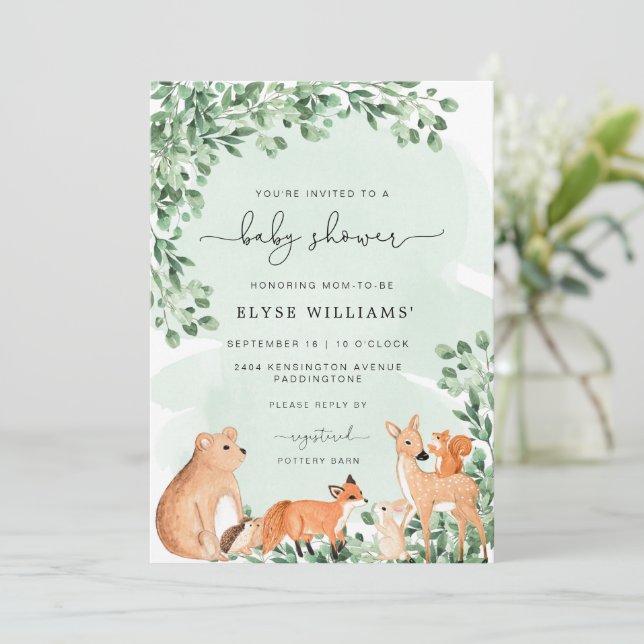 Animaux des bois Invitation Baby shower vert (Debout devant)