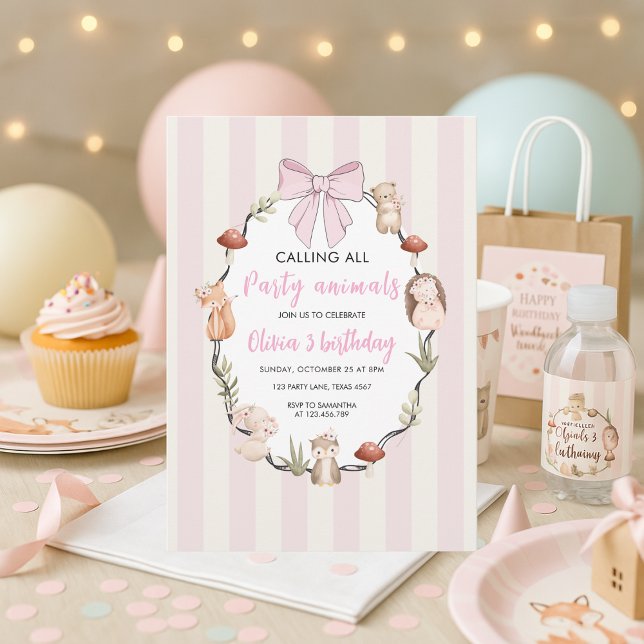 Animaux des bois Invitation d'anniversaire | Rose  (Créateur téléchargé)
