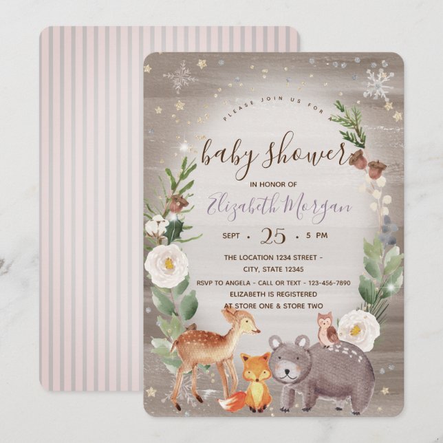 Animaux des bois Invitation des Baby showers rayés (Devant / Derrière)