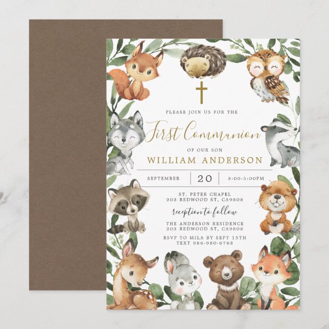Animaux des bois Première communion Invitation (Devant / Derrière)