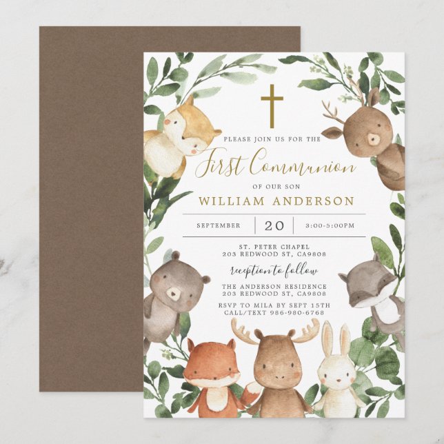 Animaux des bois Première communion Invitation (Devant / Derrière)