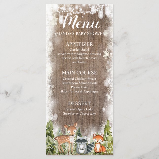 Animaux d'hiver rustiques Forêt Menu Anniversaire (Devant)