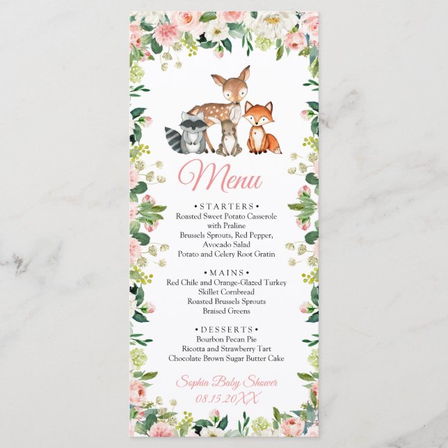 Animaux & Fleurs rose blush bébé Shower Menu plat (Devant)