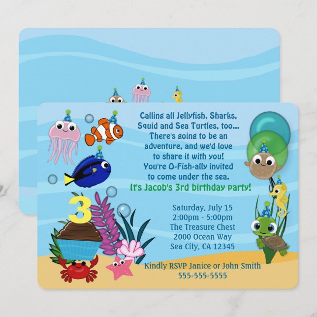 Animaux marins Invitations d'anniversaire sous la  (Devant / Derrière)