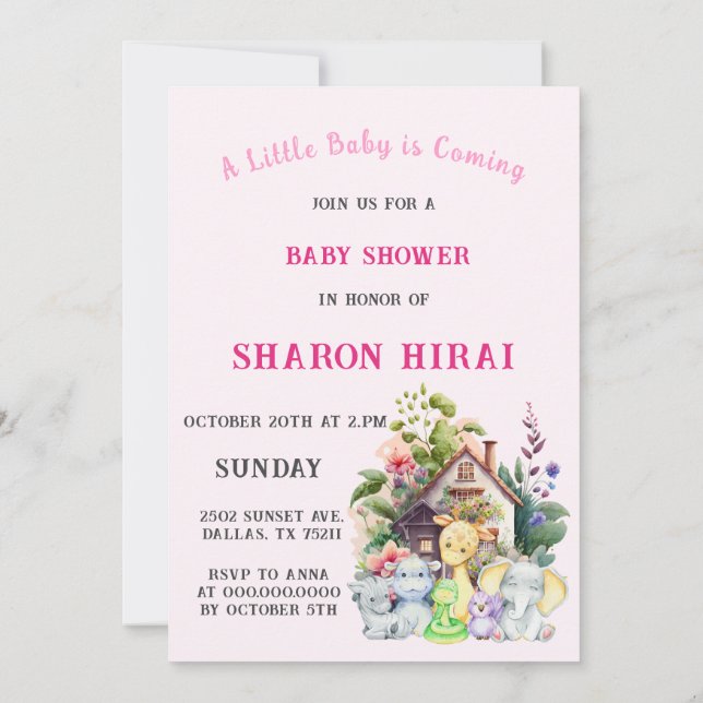 Animaux mignons Invitation Baby shower | Rose (Dos)