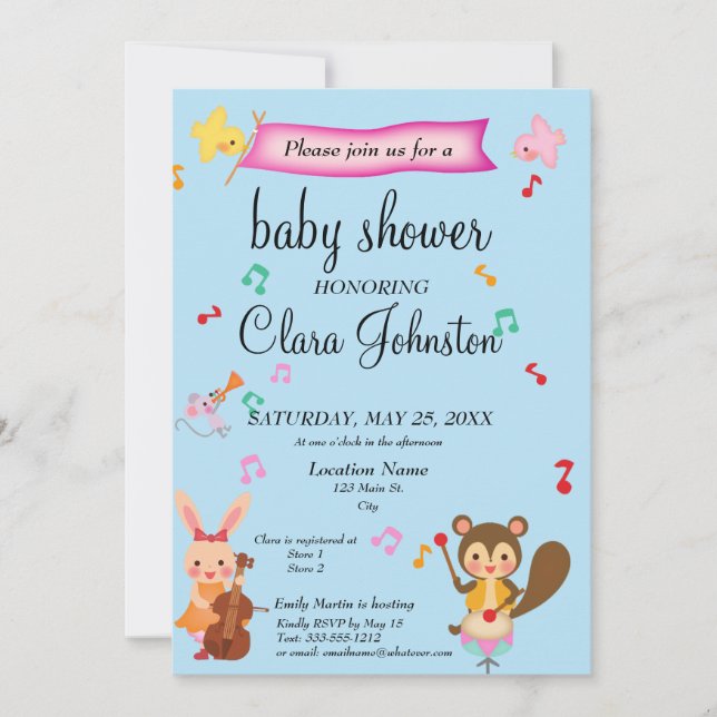 Animaux musicaux mignons Invitation Baby shower (Devant)