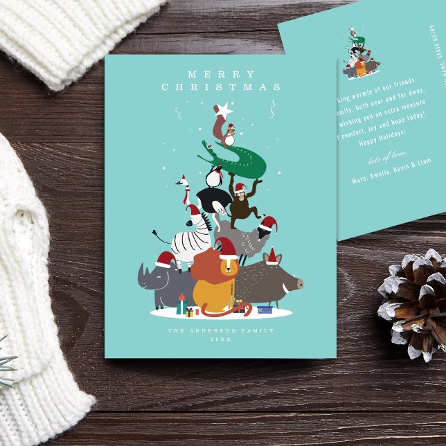 Animaux sauvages Carte postale de Noël Arbre de No (Wildlife Animals in a Christmas tree form with Christmas hats postcard)