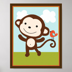 Animaux sauvages Singe avec oiseau Poster d'Art