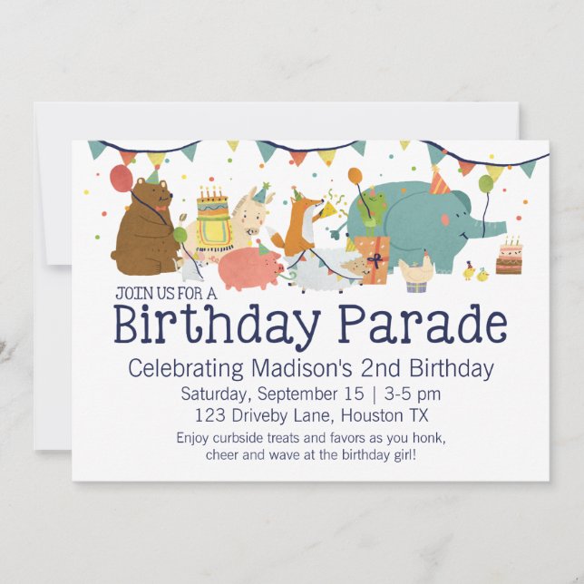 Animaux sur Parade Drive By Birthday Invitation (Devant)