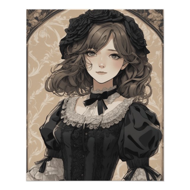 Anime AI Wonderland: Vintages Schwarzes Kleid Poster (Vorderseite)