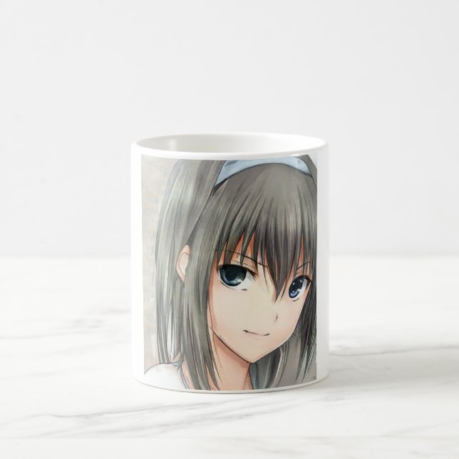 Anime aux cheveux foncés fille yeux gris café Mug (Centre)