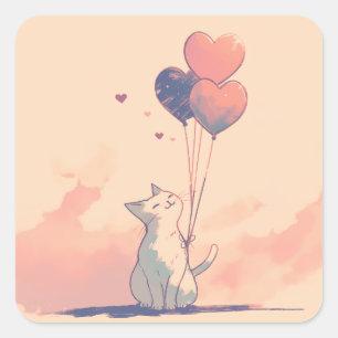 Anime Black Cat mit herzförmigen Balloons Quadratischer Aufkleber