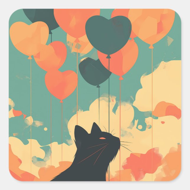 Anime Black Cat mit herzförmigen Balloons Quadratischer Aufkleber (Vorderseite)