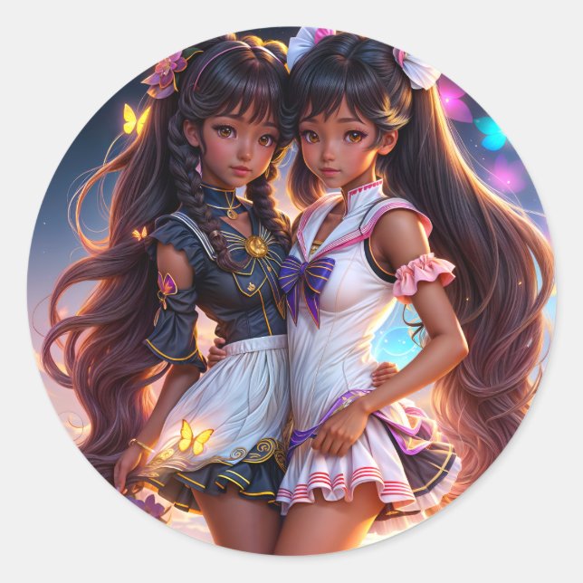 Anime Black Girl Friends Runder Aufkleber (Vorderseite)