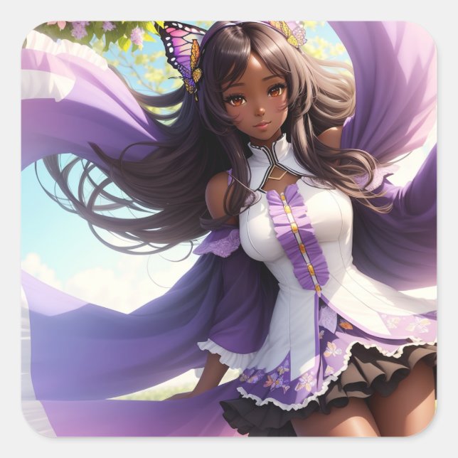 Anime Black Girl Lila Animecore Quadratischer Aufkleber (Vorderseite)