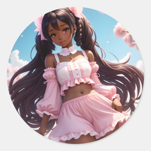 Anime Black Girl Pink Animecore Runder Aufkleber (Vorderseite)