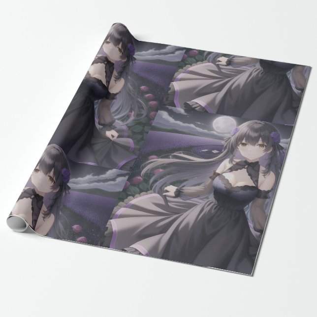 Anime Black & Lila Wrapping Paper Geschenkpapier (Ungerollt)