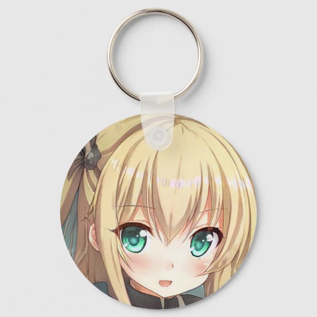 Anime blond-haariges Mädchen smaragdgrüne Augen Schlüsselanhänger (Vorderseite)