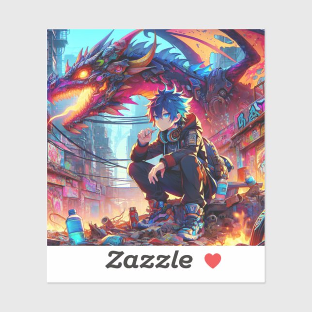 Anime Boy and Dragon in einer dystopischen Welt Aufkleber (Blatt)