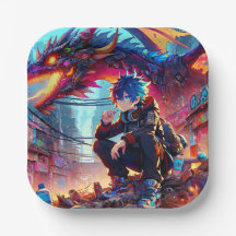 Anime Boy and Dragon in einer dystopischen Welt