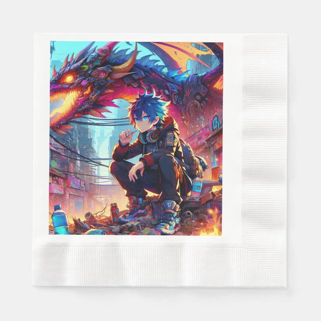 Anime Boy and Dragon in einer dystopischen Welt Serviette (Vorderseite)