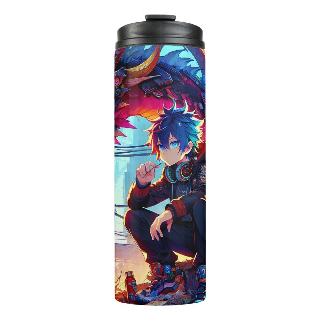 Anime Boy and Dragon in einer dystopischen Welt Thermosbecher (Vorderseite)