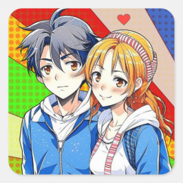 Anime Boy and Girl Couple mit Herz Quadratischer Aufkleber