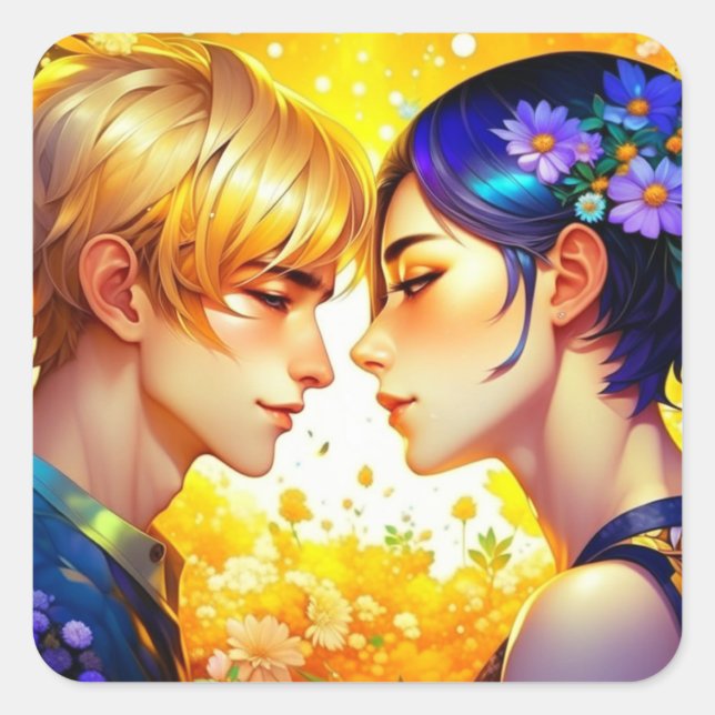 Anime Boy and Girl in Liebe Romantisches Kokett Quadratischer Aufkleber (Vorderseite)