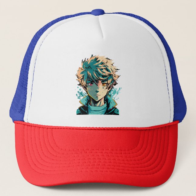 Anime Boy: Goldhaar, Rosa und Goldene Augen Truckerkappe (Vorderseite)