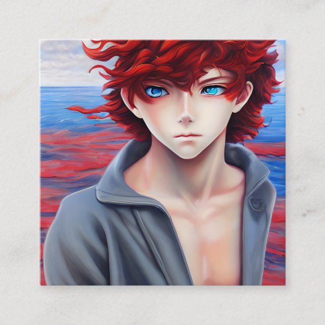 Anime Boy mit Rot-Curly-Ölgemälde Quadratische Visitenkarte (Vorderseite)
