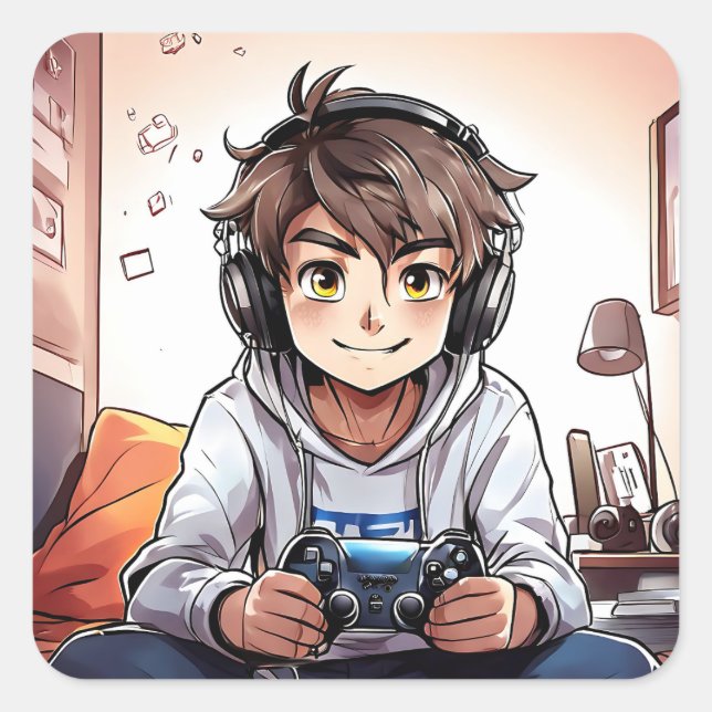 Anime Boy Play-Videospiele Quadratischer Aufkleber (Vorderseite)