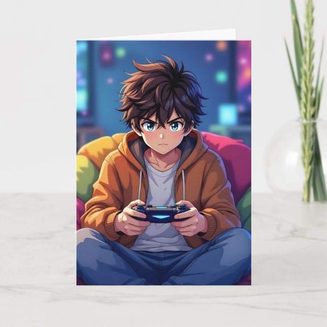 Anime Boy spielt Videospiel Personalisiert Geburts Karte (Vorderseite)