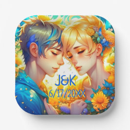 Anime Boy und Girl Floral Couple Personalisiert Pappteller