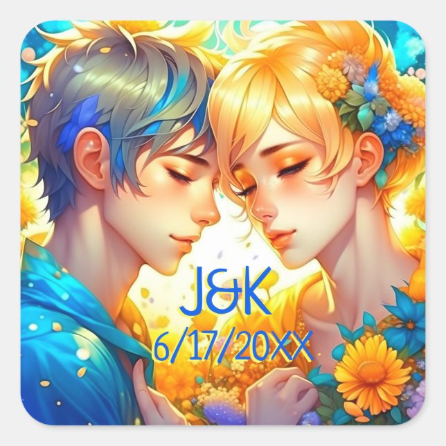Anime Boy und Girl Floral Couple Personalisiert Quadratischer Aufkleber (Vorderseite)