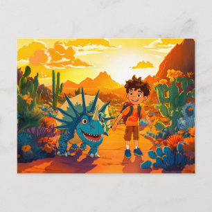 Anime boy zu Fuß Triceratops bei Sonnenuntergang Feiertagspostkarte