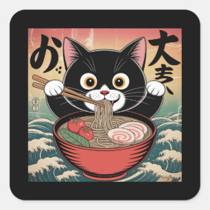 Anime Cat Eating Ramen Funny Japanischer Retro Sti Quadratischer Aufkleber