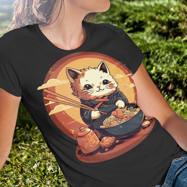 Anime Cat Eating Ramen Niedlich japanischen Stil T-Shirt (Von Creator hochgeladen)