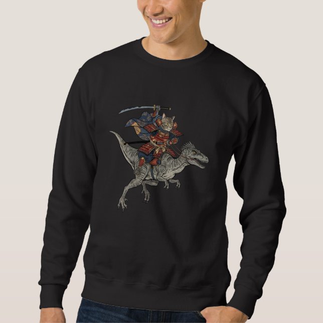 Anime Cat Funny Samurai Cat Riding Dinosaur Veloci Sweatshirt (Vorderseite)