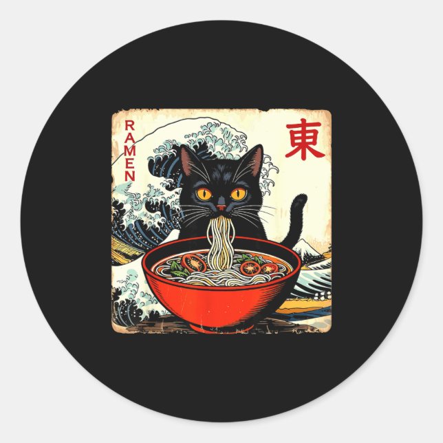 Anime Cat Ramen Japanese Funny Graphic Tees Kawaii Runder Aufkleber (Vorderseite)