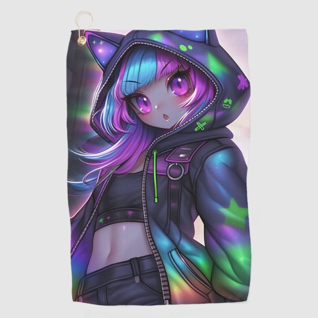 Anime Catgirl Night Glow Golfhandtuch (Vorderseite)