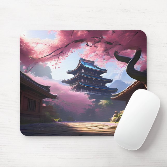 Anime Cherry Blossom & Pagoda Aussicht Landschaft Mousepad (Mit Mouse)