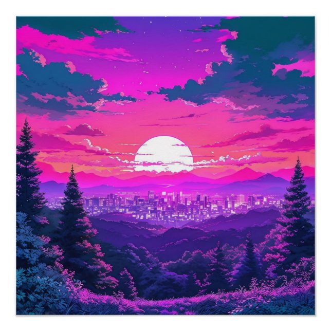 Anime City Mountain Landschaft Neon Sunset Poster (Vorderseite)