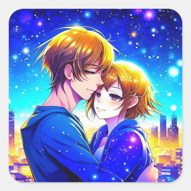 Anime Couple Cuddling mit Stadtblick Quadratischer Aufkleber (Vorderseite)