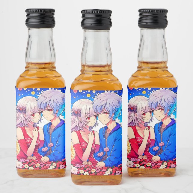 Anime Couple Liebe Blume und Herz Alkoholflaschenetikett (Flaschen)