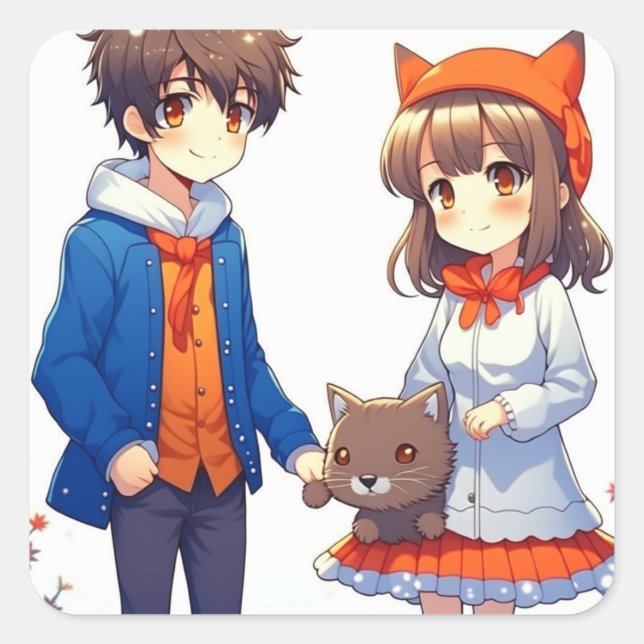 Anime Couple Romantische Personalisierte Weihnacht Quadratischer Aufkleber (Vorderseite)